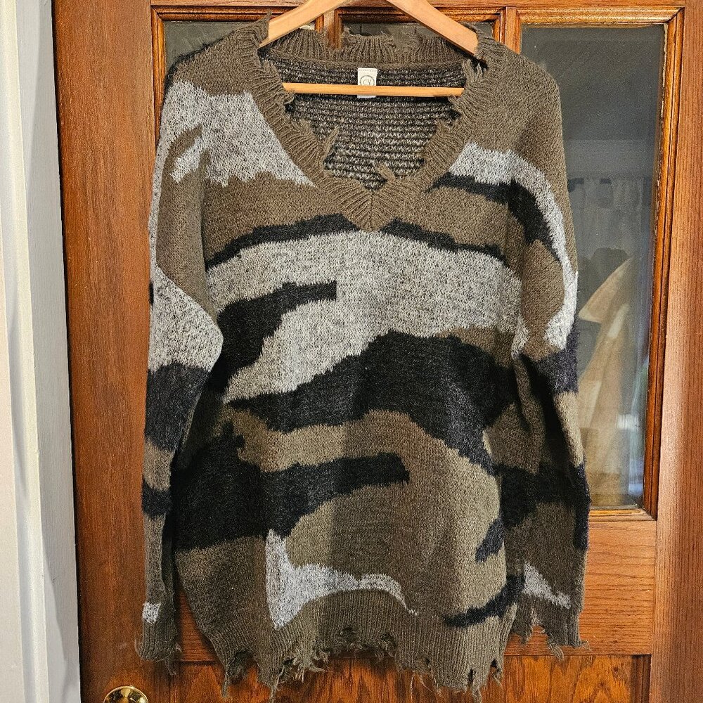 CY Fashion Women's Distressed Camo Woven V Neck Oversize Sweater - Size Medium